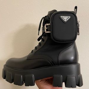 PRADA Black Leather Monolith Mini Bag Lug sole combat Boots Size 38